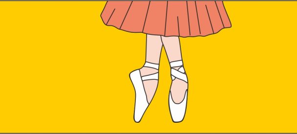 Grafika. Na żółtym tle nogi baletnicy w pomarańczowej sukience