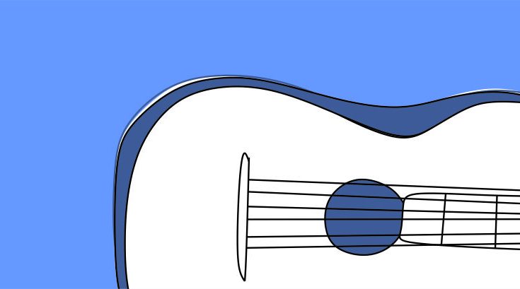 Grafika. Na niebieskim tle widoczny fragment korpusu białej gitary