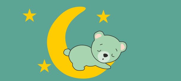 Grafika. Na zielonym tle złoty sierpoway księżyc i trzy gwiazdki. Na księżycu śpi zielonkawy miś.