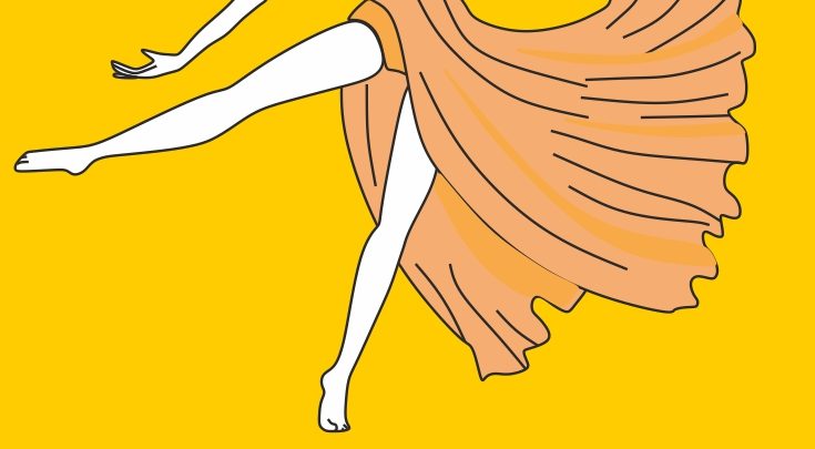 Grafika. Na żółtym tle widziana od pasa w dół bosa tancerka w zwiewnej pomarańczowej sukni w pozie tanecznej.