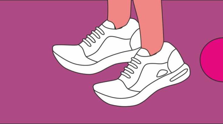 Grafika. Na fioletowym tle para stóp w białych butach i różowa piłka.