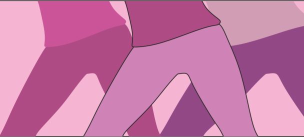 Grafika. Na różowym tle trzy sylwetki ćwiczących kobiet widzianych od pasa do kolan ubranych w bluzki i leginsy w odcieniach fioletu.