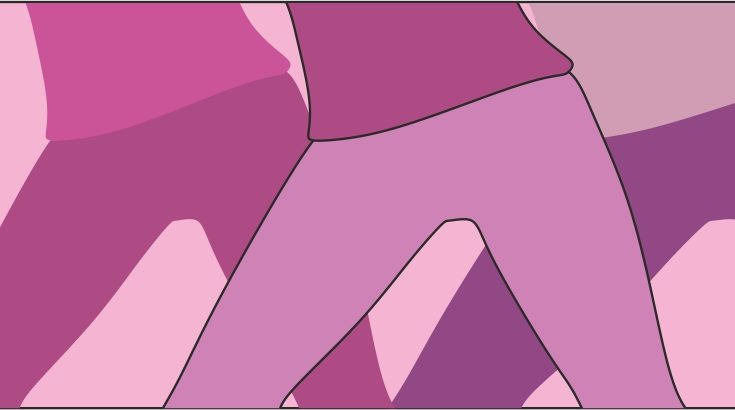 Grafika. Na różowym tle trzy sylwetki ćwiczących kobiet widzianych od pasa do kolan ubranych w bluzki i leginsy w odcieniach fioletu.
