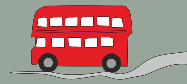 Grafika. Na szarym tle czerwony piętrowy londyński autobus.