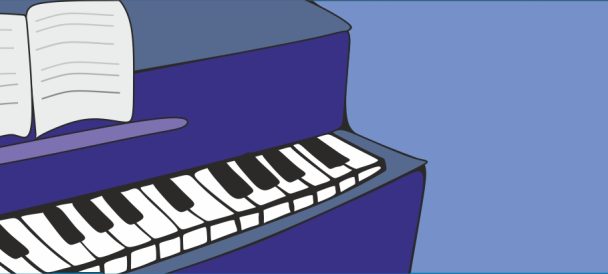 Grafika. Na niebieskim tle widoczny fragment granatowego pianina z biało czarną klawiaturą i nutami.