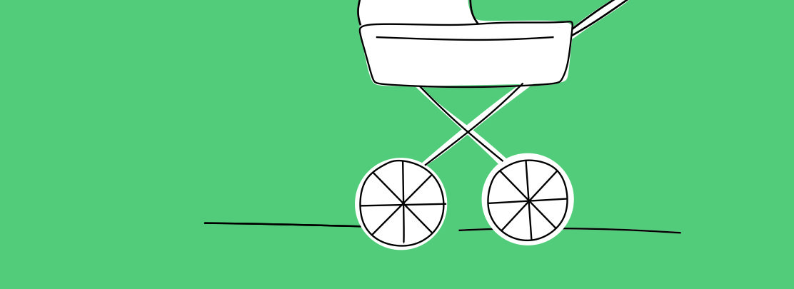 Grafika. Na zielonym tle biały wózek niemowlęcy typu gondola narysowany czarną kreską.