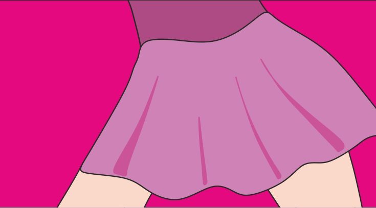 Grafika. Na malinowym tle postać kobiety w krótkiej różowej spódniczce w tanecznej pozie widziana od pasa do kolan.