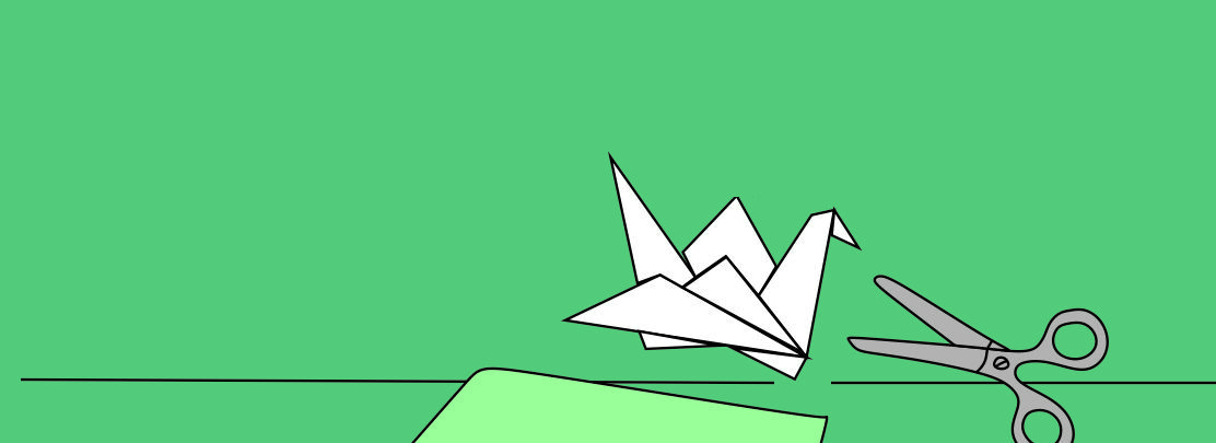 Grafika. Papierowy ptak i nożyczki na zielonym tle