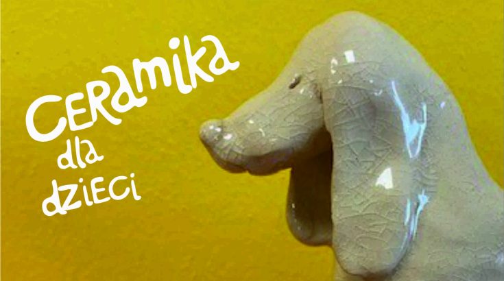 Grafika. Głowa ceramicznego psa na żółtym tle